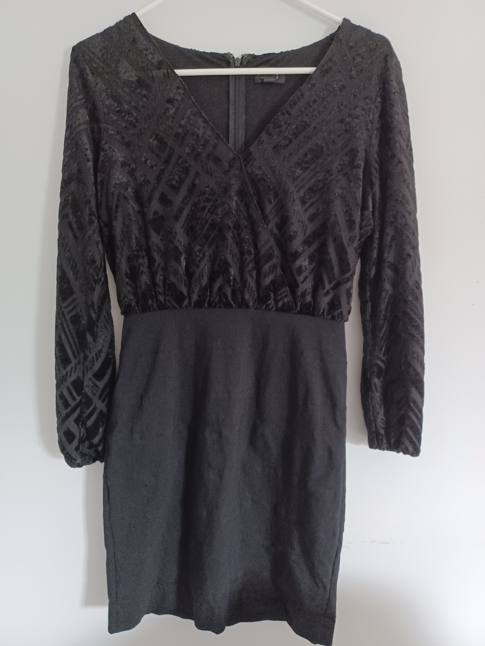 Nicole Black Velvet-Textured Long Sleeve Faux-Wrap Dress